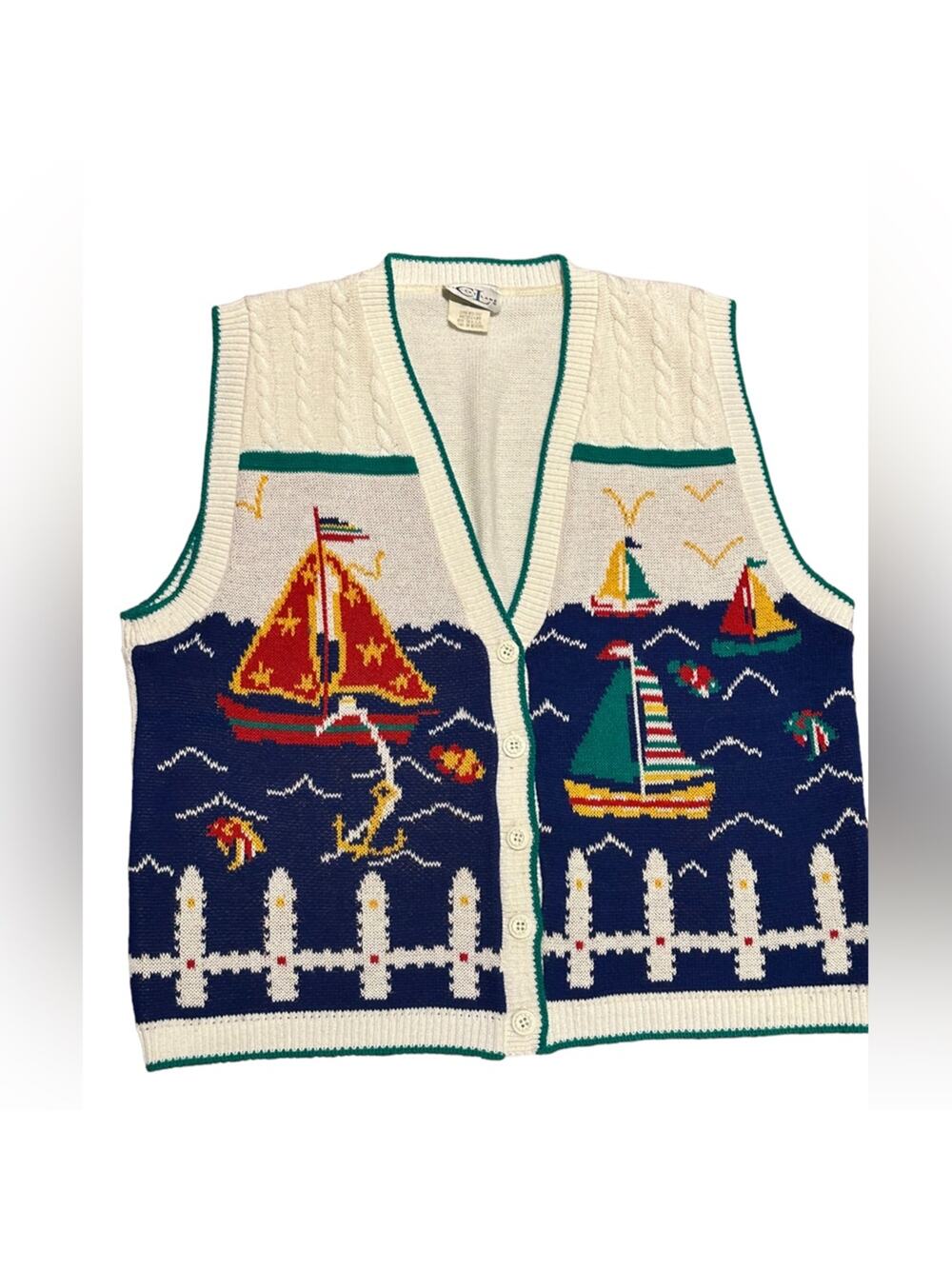 Vintage Cricket Lane Women’s Oversized Medium White Vest with Nautical Motif